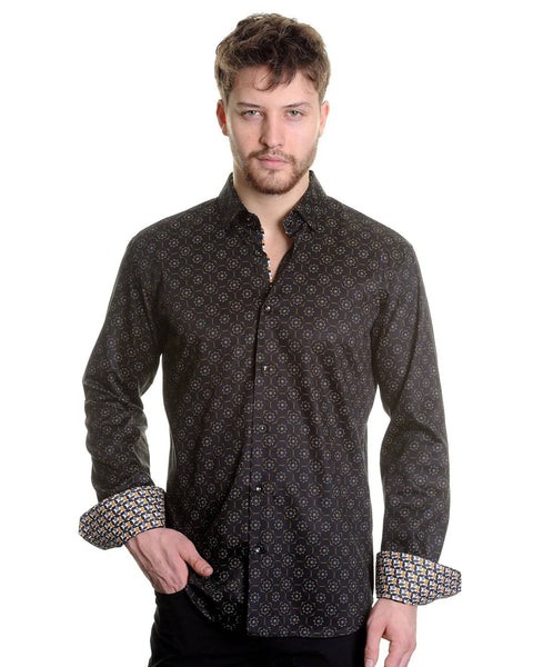 Mizumi Print Long Sleeve Hidden Button Down in Black with Gold Medallion - Rainwater's Men's Clothing and Tuxedo Rental