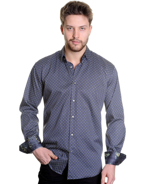 Mizumi Print Long Sleeve Hidden Button Down in Black and Grey Neat - Rainwater's Men's Clothing and Tuxedo Rental