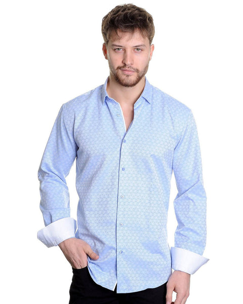 Mizumi Print Long Sleeve Hidden Button Down in Light Blue Paisley - Rainwater's Men's Clothing and Tuxedo Rental