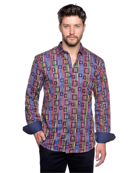 Mizumi Multi Color Squares and Stripe Print Sport Shirt - Rainwater's Men's Clothing and Tuxedo Rental