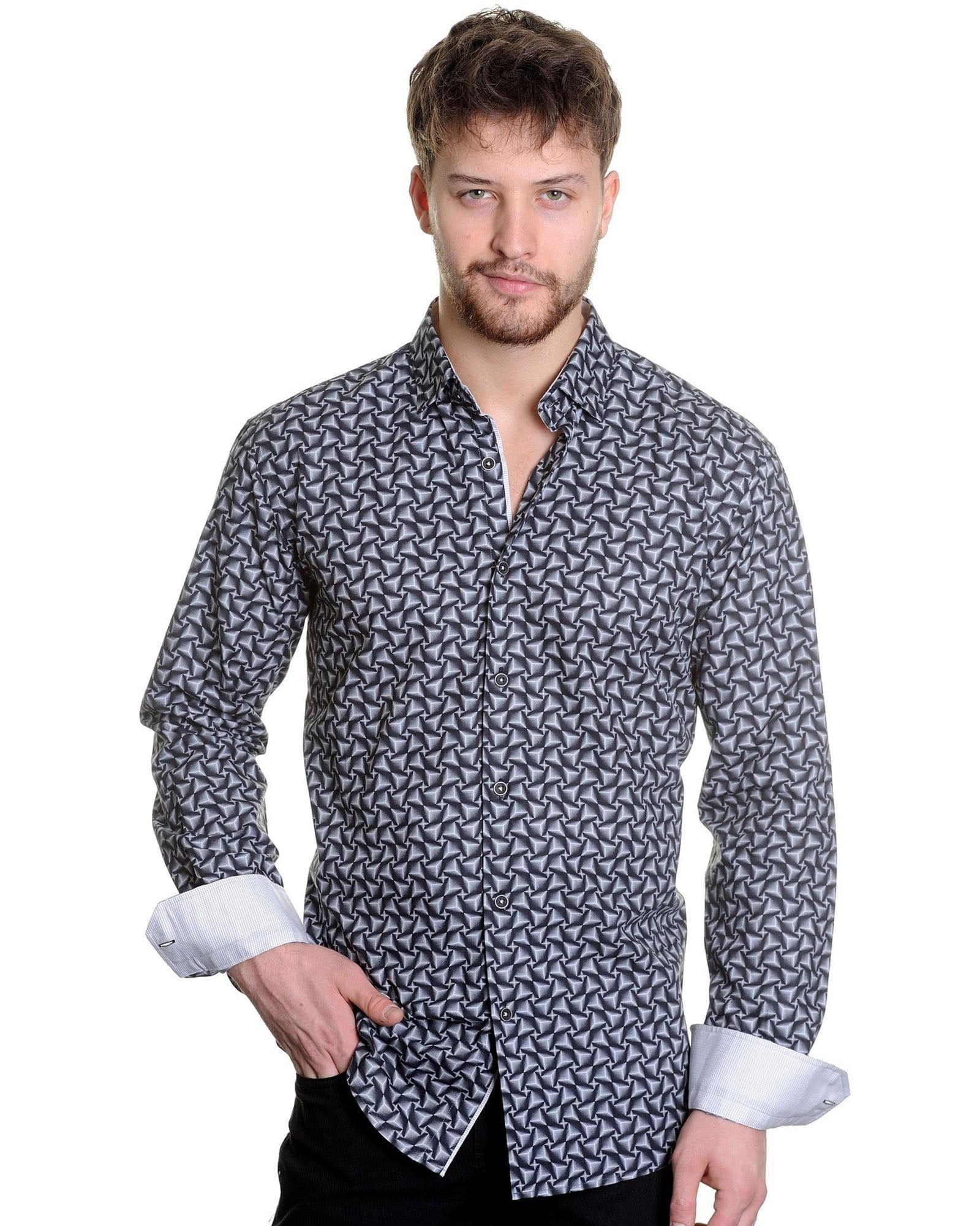 Mizumi Black & Grey Small Geometric Print Sport Shirt - Rainwater's Men's Clothing and Tuxedo Rental