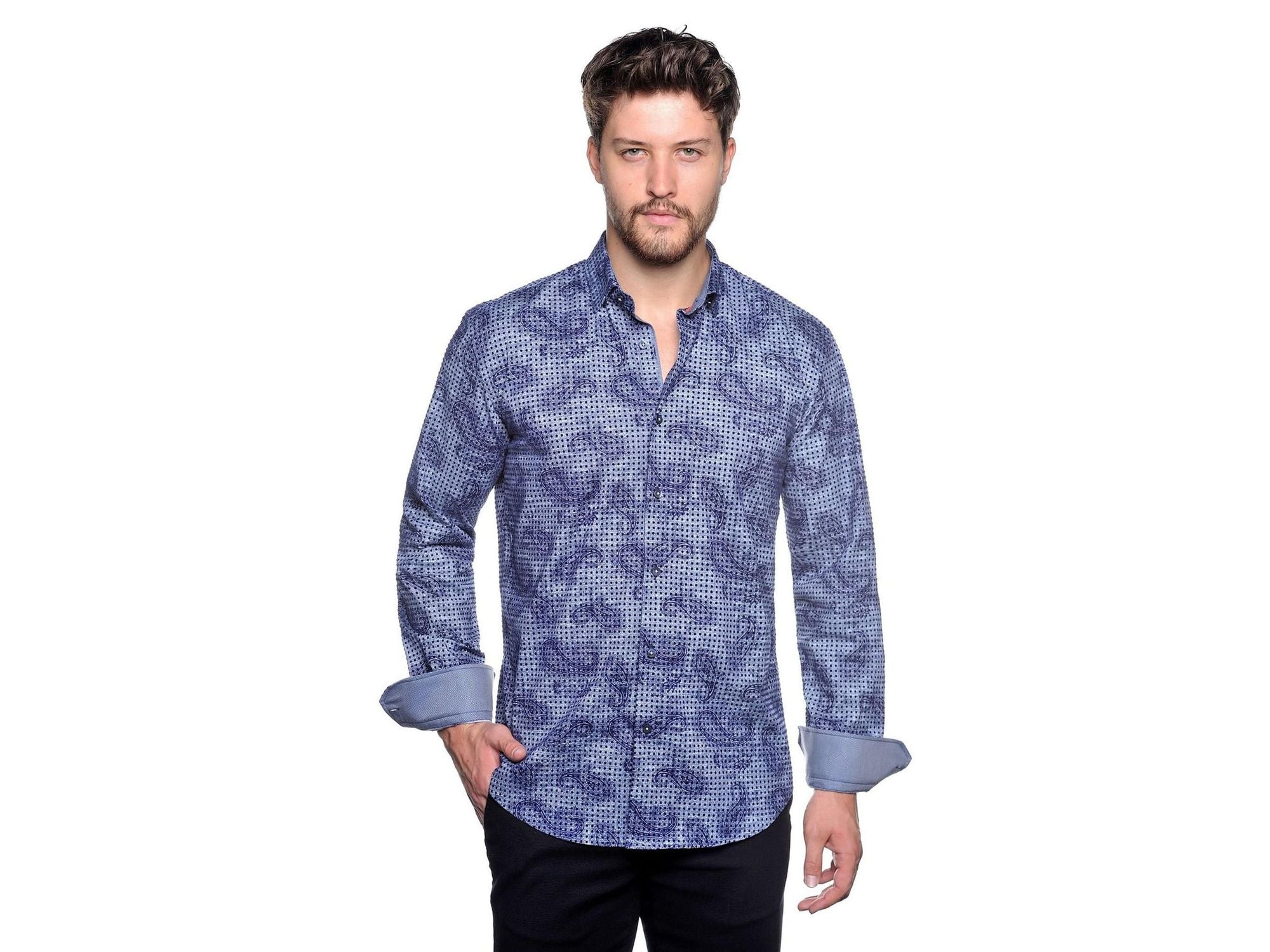 Mizumi Navy Blue Paisley Flocked Print Sport Shirt - Rainwater's Men's Clothing and Tuxedo Rental