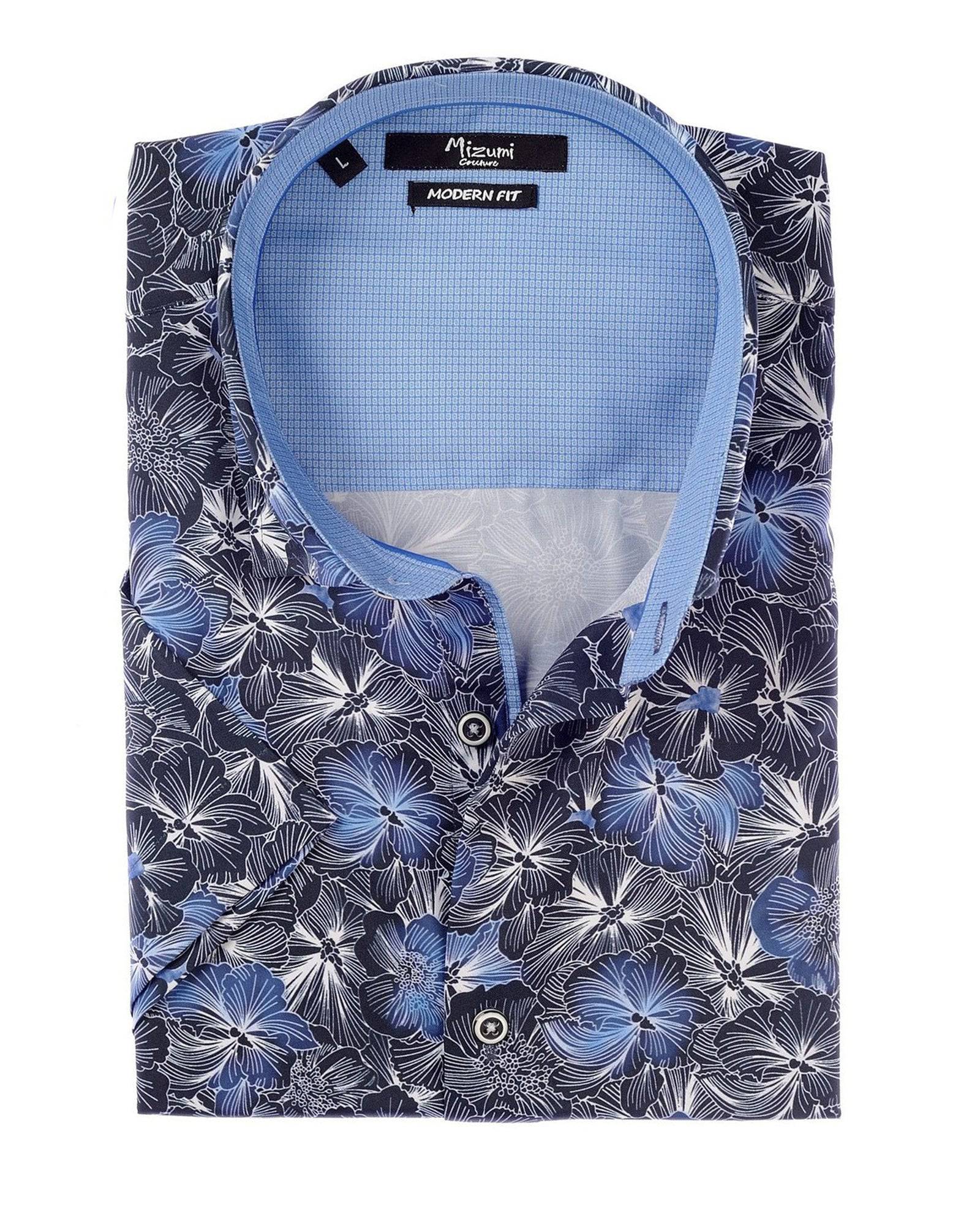 Mizumi Print Short Sleeve Hidden Button Down in Navy with Blue Floral - Rainwater's Men's Clothing and Tuxedo Rental