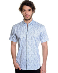 Mizumi Print Short Sleeve Hidden Button Down in Pewter with Blue Paisley - Rainwater's Men's Clothing and Tuxedo Rental