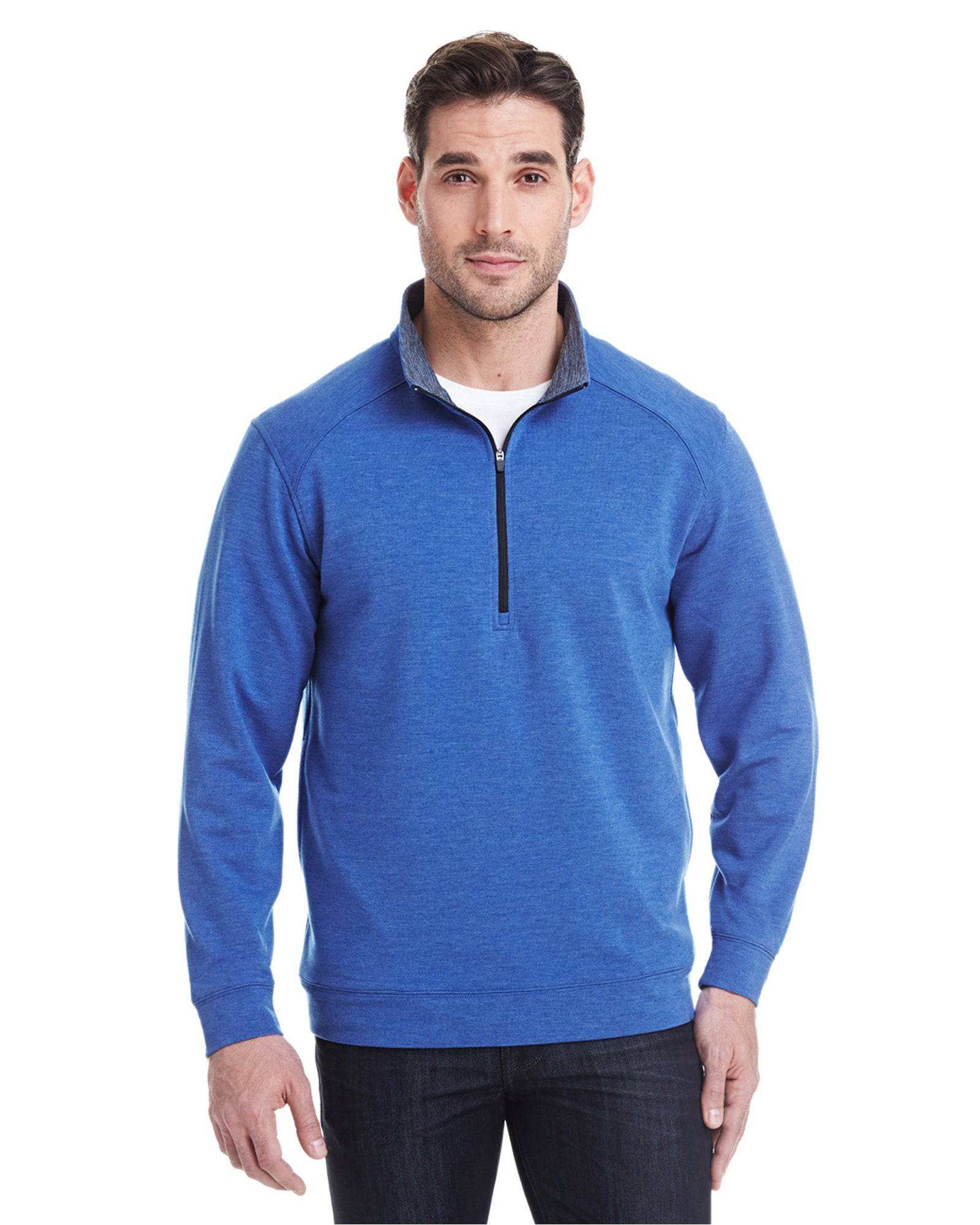 1/4 Zip Pullover in French Blue Heather Tech Stretch - Rainwater's Men's Clothing and Tuxedo Rental