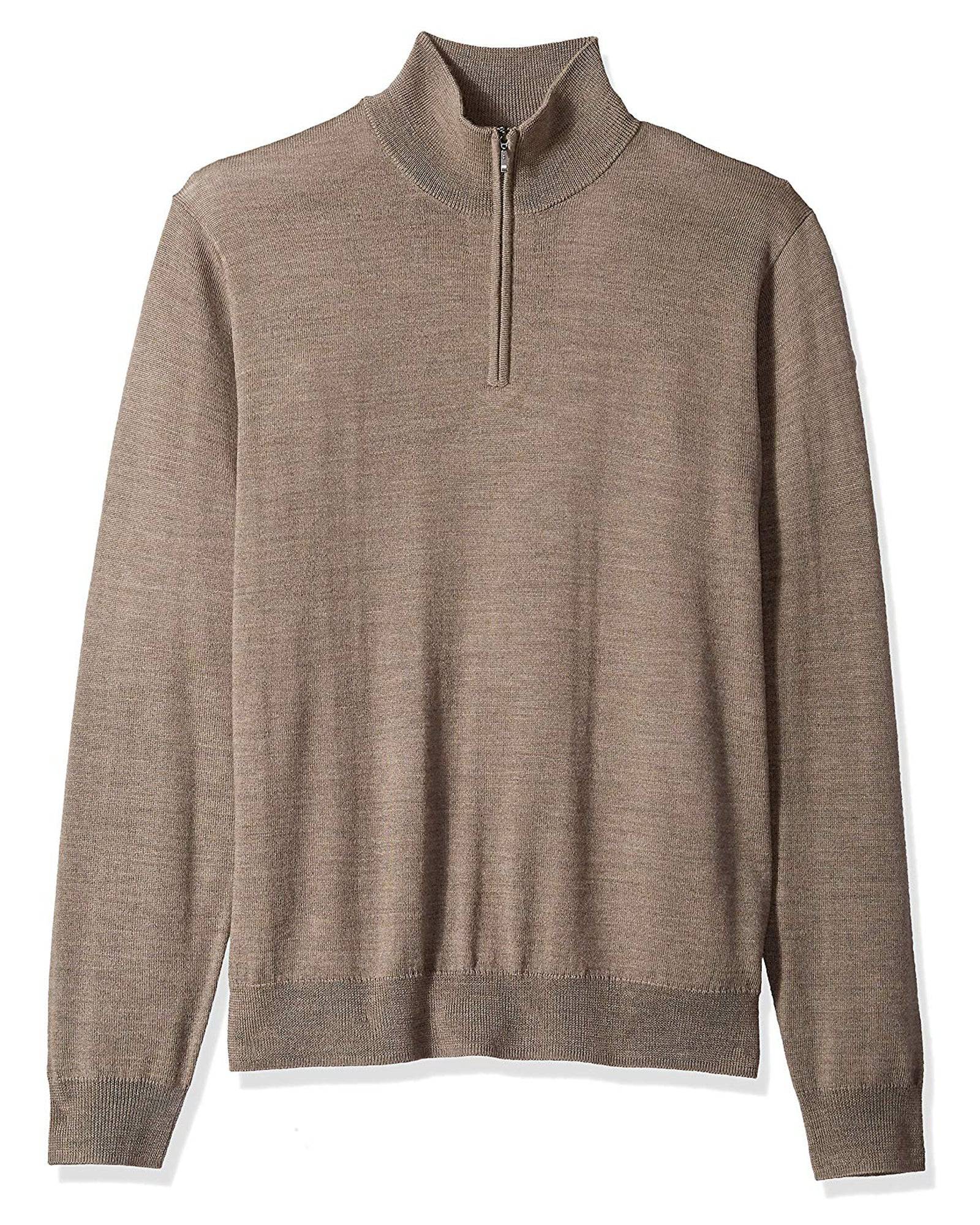 1/4 Zip Mock Sweater in Light Brown 100% Merino Wool - Rainwater's Men's Clothing and Tuxedo Rental