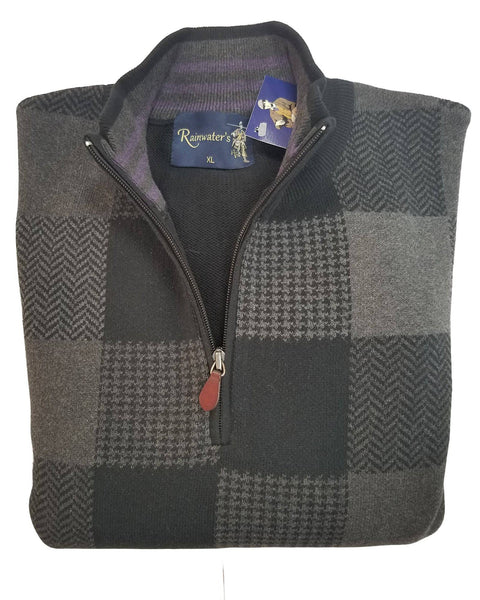 1/4 Zip Mock Sweater in Black & Grey Patchwork Design Cotton Blend - Rainwater's Men's Clothing and Tuxedo Rental