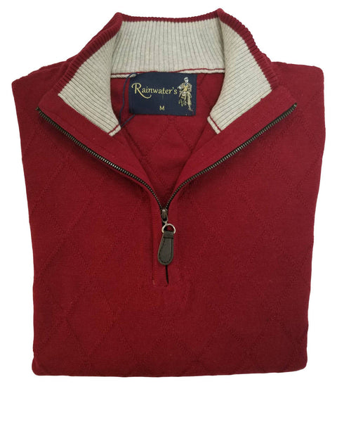 Zip Mock Sweater in Garnet Red Cotton Diamond Weave - Rainwater's Men's Clothing and Tuxedo Rental