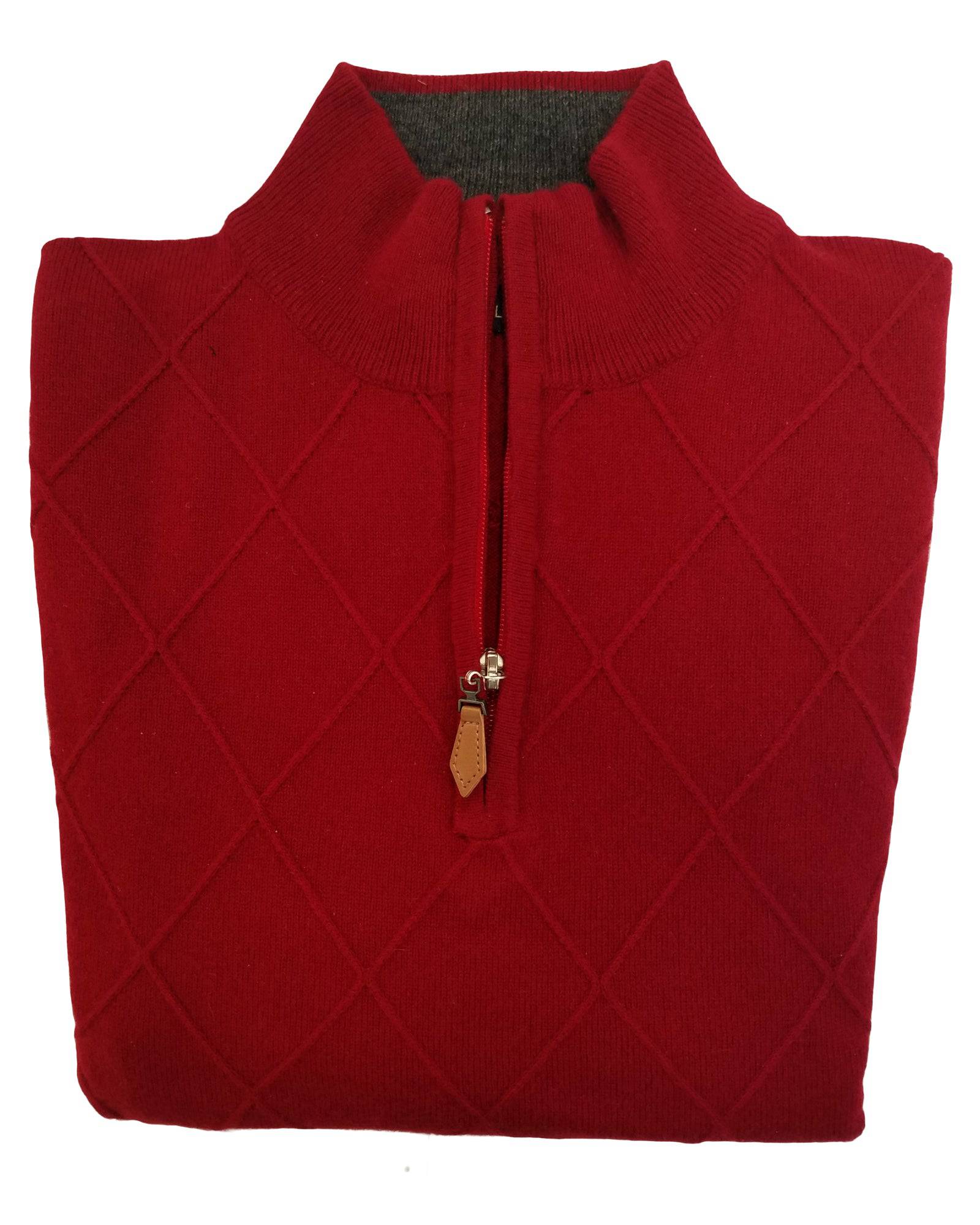 Zip Mock Sweater in Red Cashmere & Wool Diamond Weave - Rainwater's Men's Clothing and Tuxedo Rental