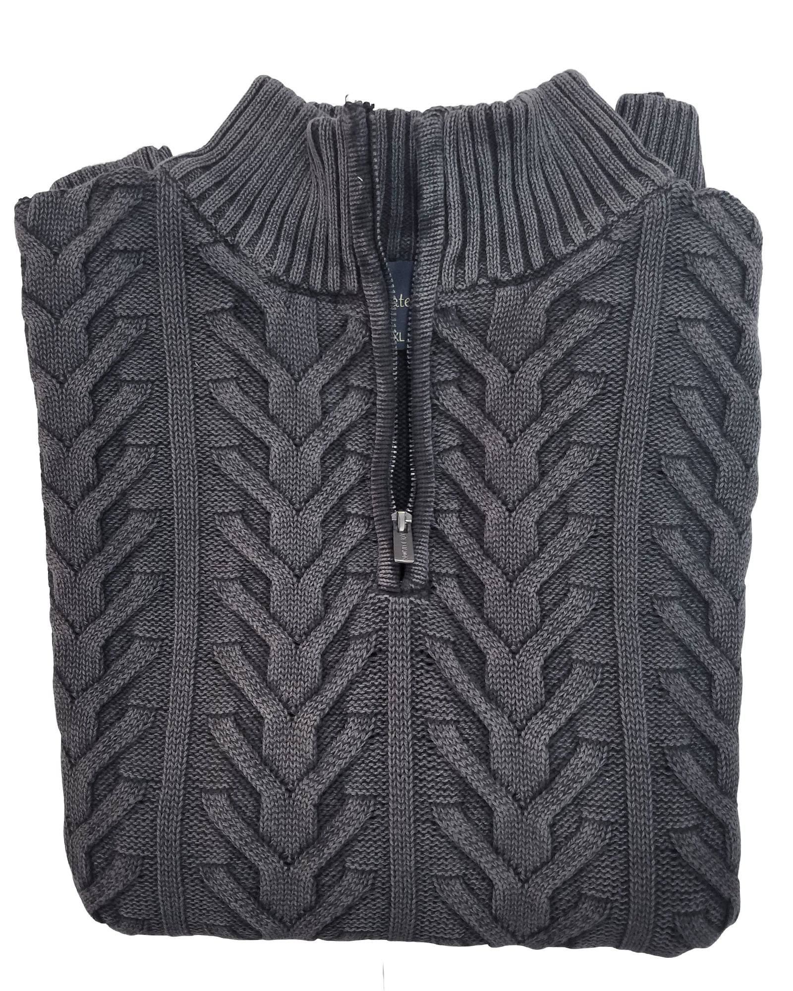 1/4 Zip Mock Sweater in Grey Washed Cotton Cable Knit - Rainwater's Men's Clothing and Tuxedo Rental
