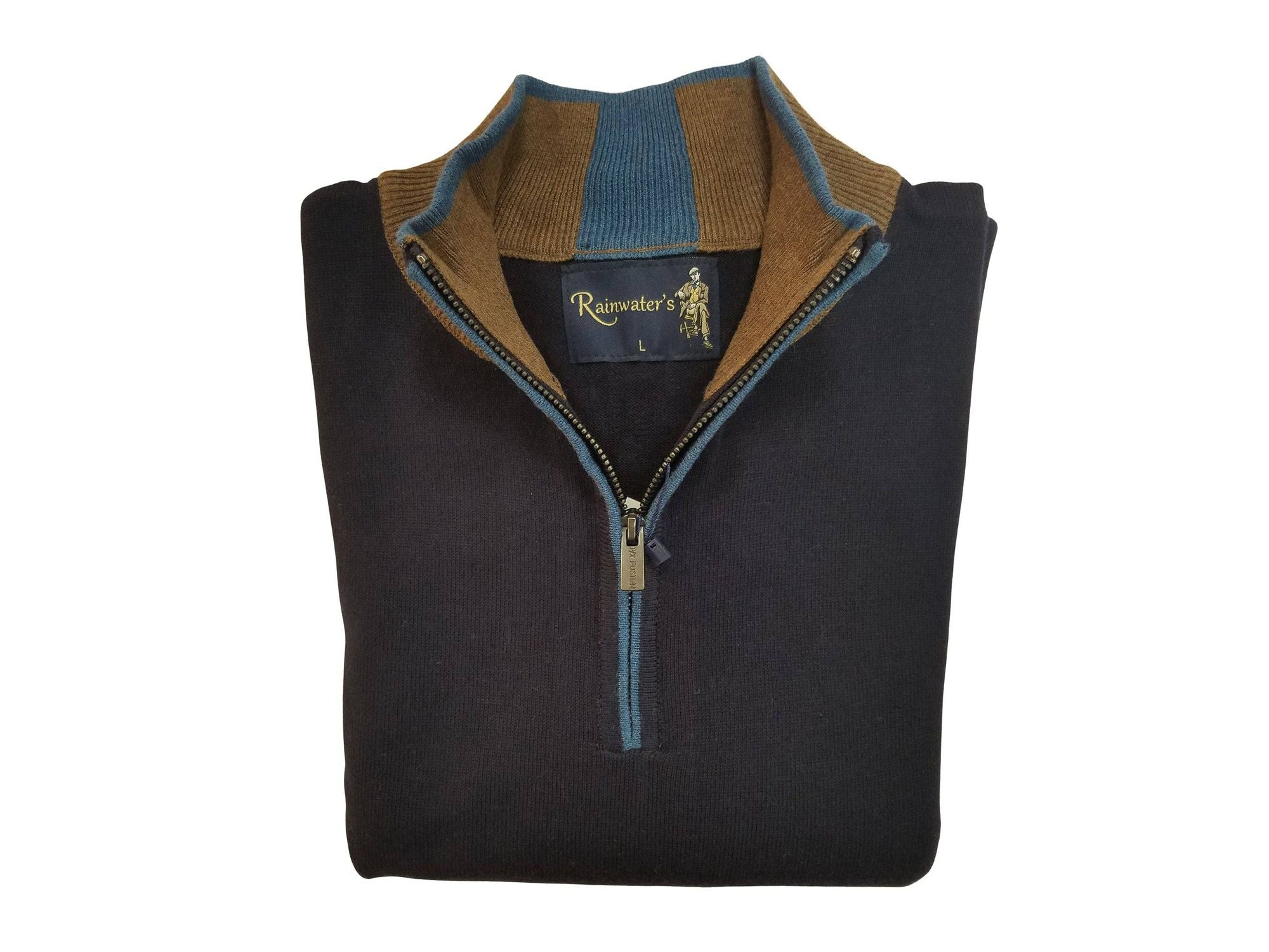 1/4 Zip Mock Sweater in Navy Solid With Brown Cotton Blend - Rainwater's Men's Clothing and Tuxedo Rental