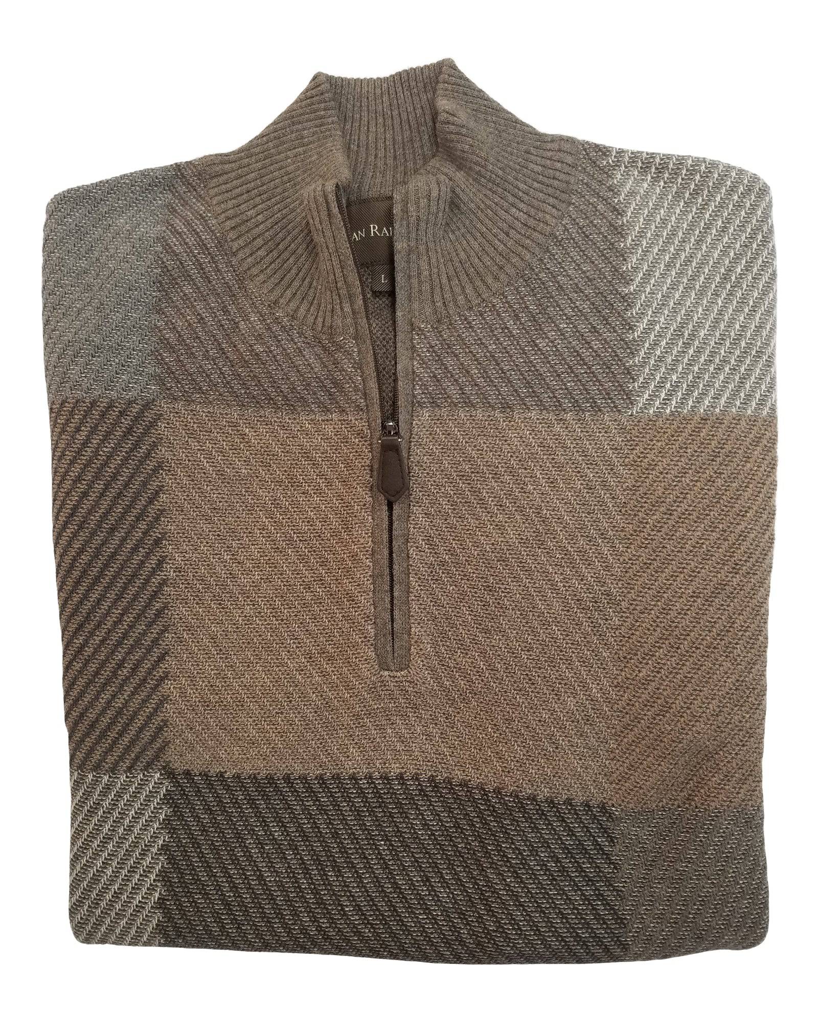 1/4 Zip Mock Sweater in Olive & Brown Square Pattern Cotton Blend - Rainwater's Men's Clothing and Tuxedo Rental