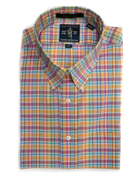 Rainwater's Multi Color Coral & Blue Tech Stretch Plaid Button Up Shirt - Rainwater's Men's Clothing and Tuxedo Rental