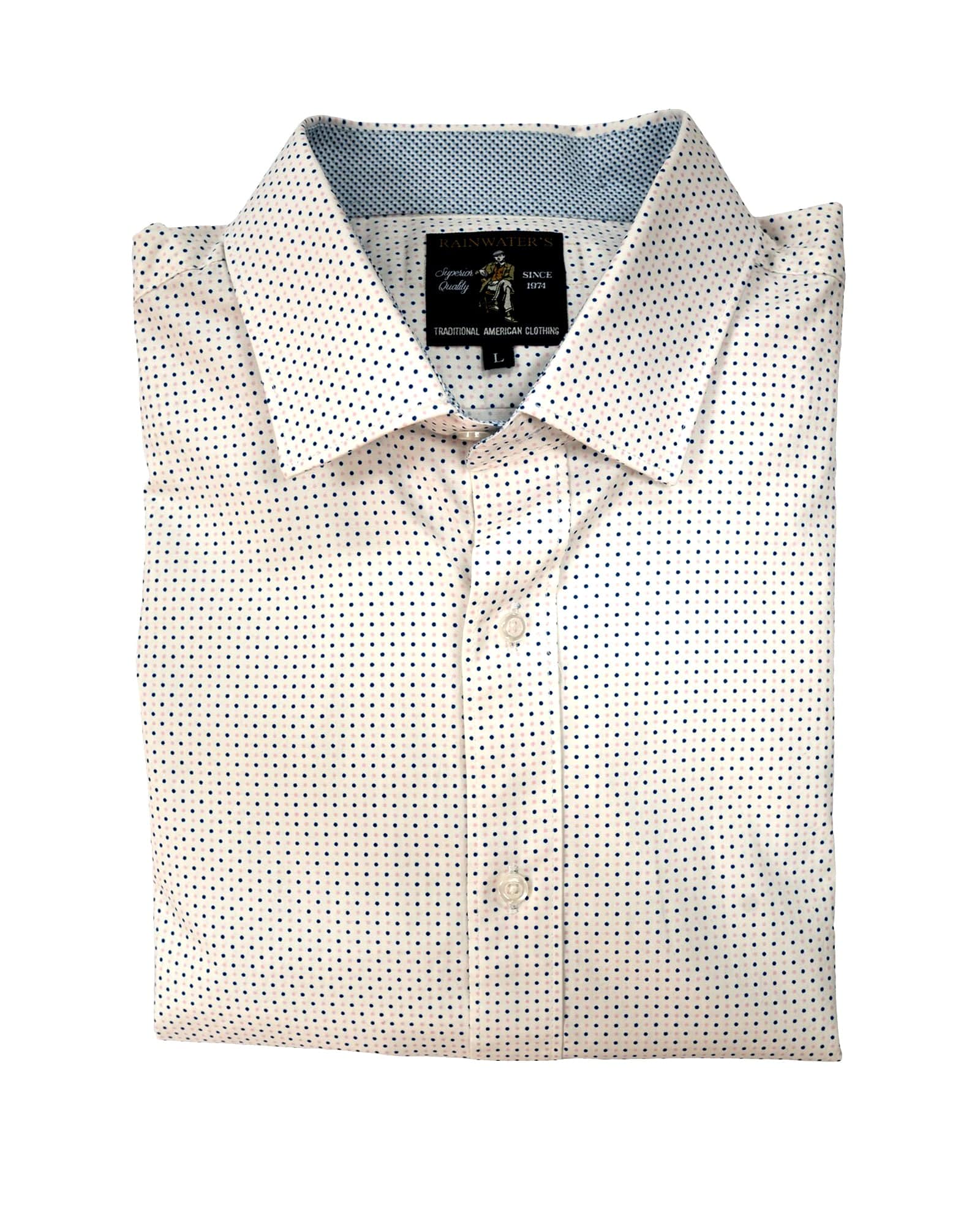 White with Blue Pindot in Stretch Cotton Sport Shirt - Rainwater's Men's Clothing and Tuxedo Rental