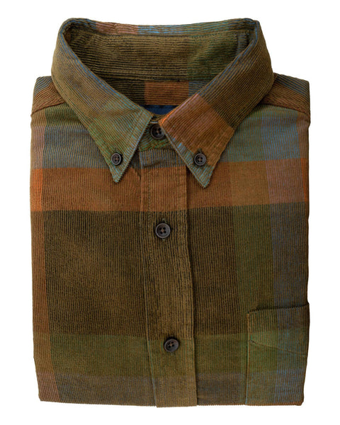 Washed Corduroy With Button Down Collar Sport Shirt In Moss Grid Plaid Button Up Long Sleeve Shirt - Rainwater's Men's Clothing and Tuxedo Rental