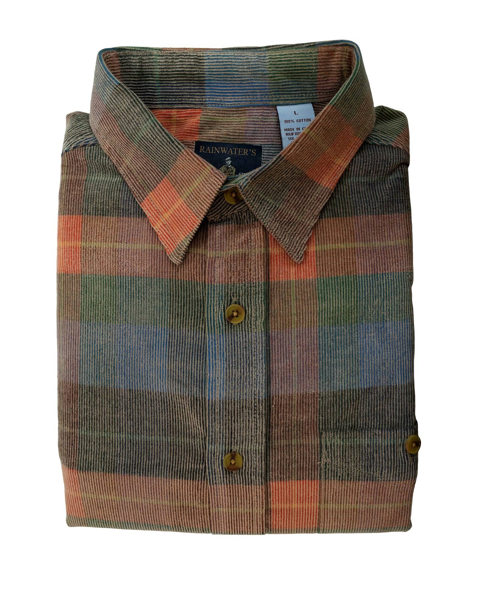Washed Corduroy Sport Shirt In Blue, Brown and Orange Plaid - Rainwater's Men's Clothing and Tuxedo Rental