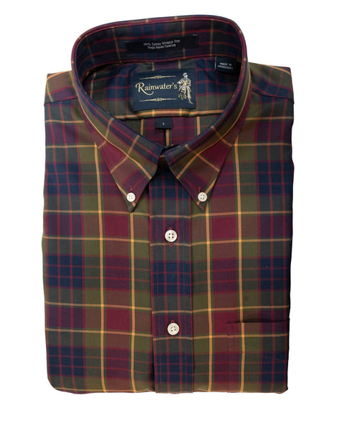 Olive & Burgundy Plaid Wrinkle Free Sport Shirt by Rainwater's - Rainwater's Men's Clothing and Tuxedo Rental