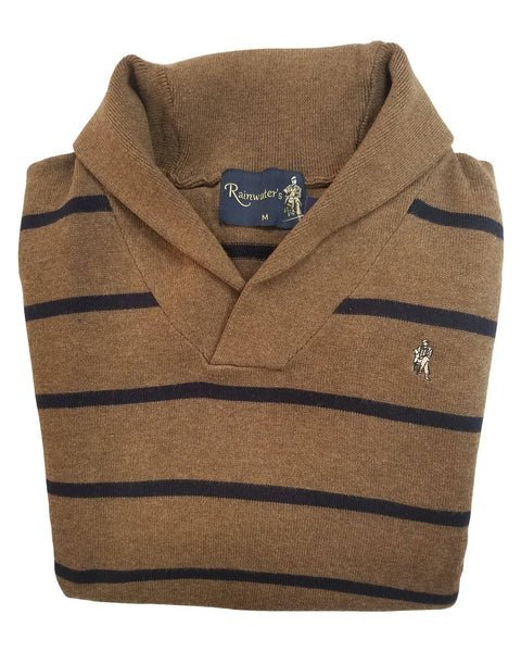 Shawl Collar Sweater in Brown With Navy Stripes Cotton Blend - Rainwater's Men's Clothing and Tuxedo Rental