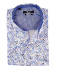 Mizumi Print Short Sleeve Hidden Button Down in White with Blue Paisley - Rainwater's Men's Clothing and Tuxedo Rental