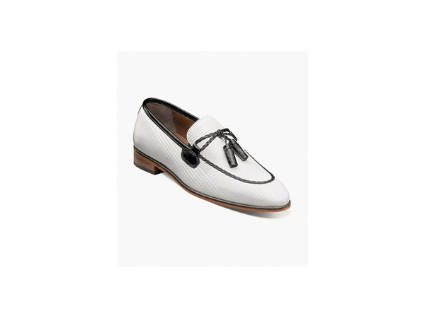 Stacy Adams Bianchi Leather Sole Moc Toe Tassel Slip On Loafer In White With Black - Rainwater's Men's Clothing and Tuxedo Rental