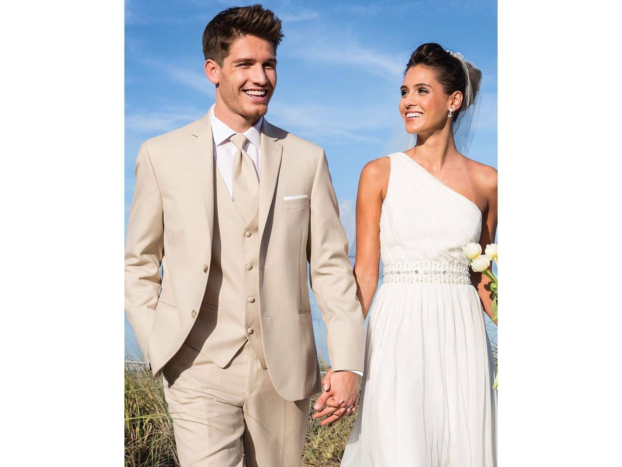 Tan suit 2024 beach wedding