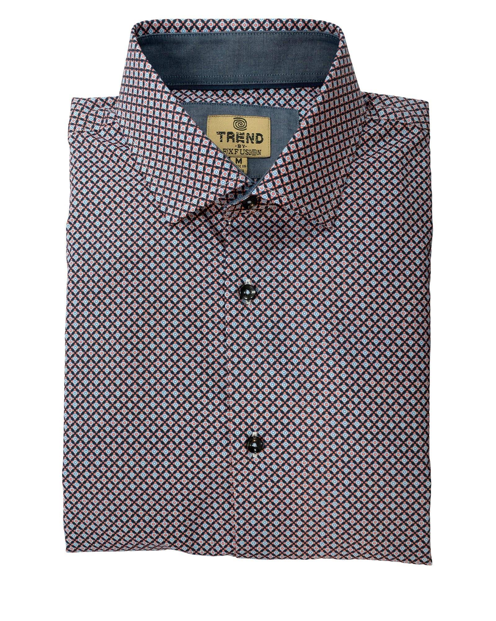 Trend by F/X Fusion Coral and Navy Circle Print Sport Shirt - Rainwater's Men's Clothing and Tuxedo Rental