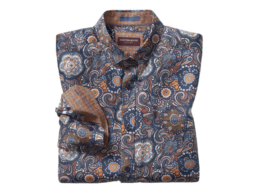 Orange Navy Swirling Paisley Print Sport Shirt | Rainwater's